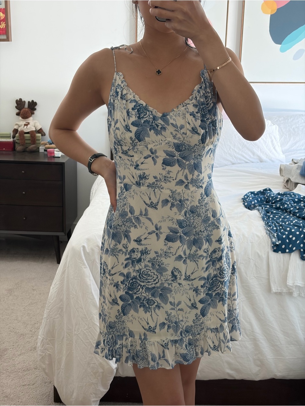 Reformation Blue Floral Slip Dress with Ruffle Hem